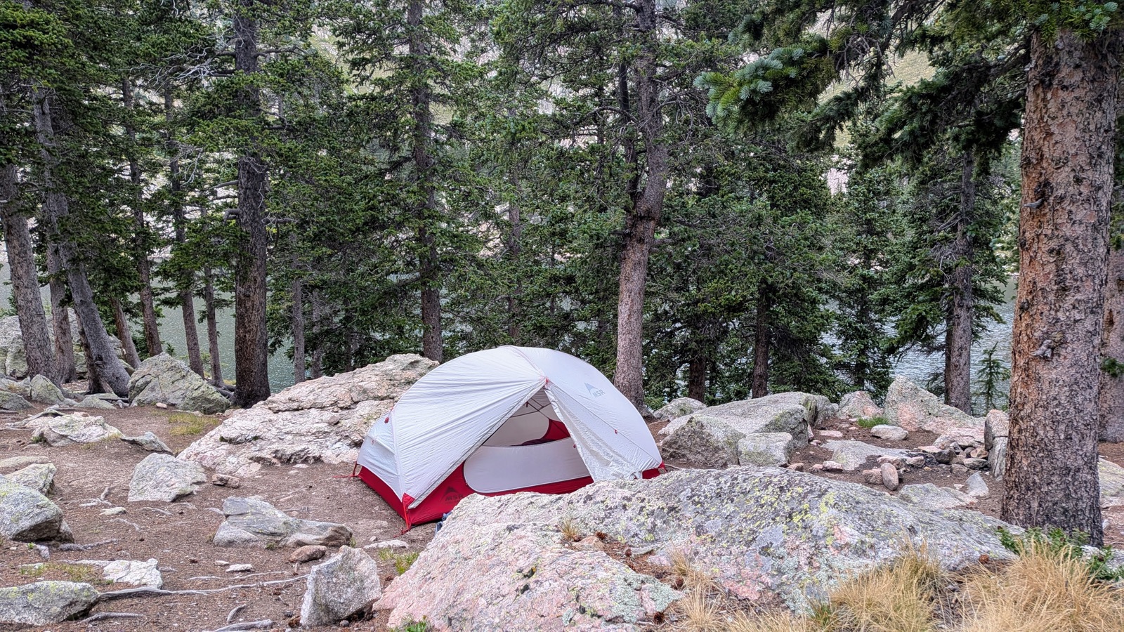 Camp, pitched a little too close to the trail, at Lake Katherine.